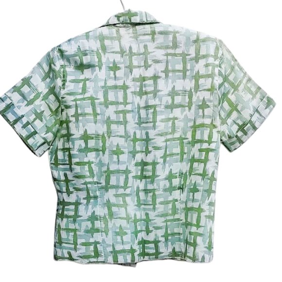 Green Print 1960s Vintage Fitted Short Sleeve Nylon Blouse Button Front - Picture 5 of 11